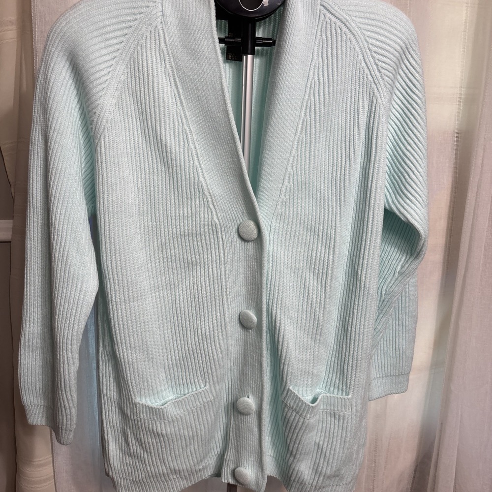 Yarnworks Women's Large Mint Sea Foam Cardigan Long Acrylic Y2K Shoulder Pads‎